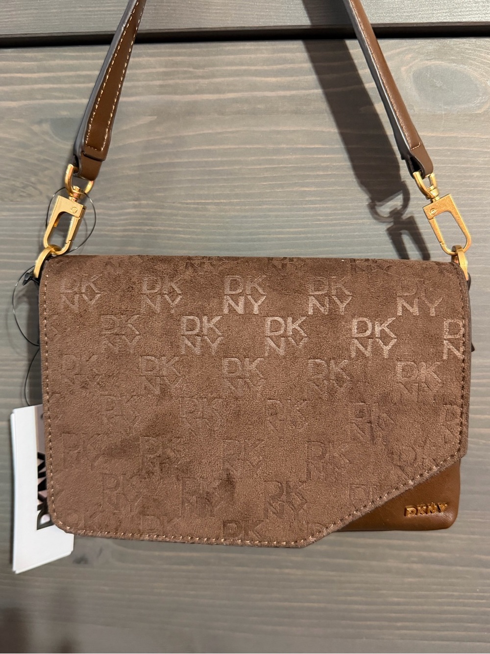 DKNY Brown Suede Logo Shoulder Bag with Gold Hardware